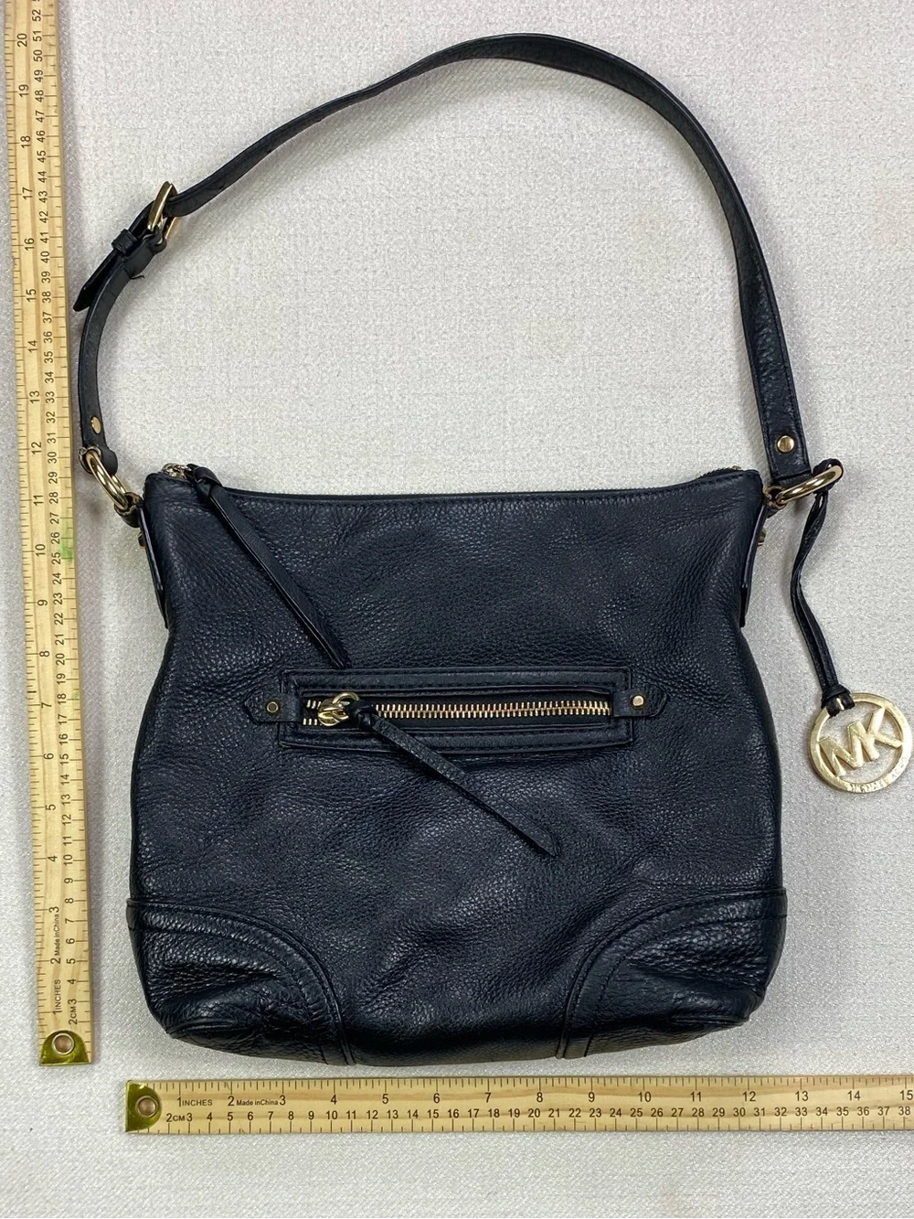 Michael Kors Black Grain Leather Hobo with Gold MK Charm